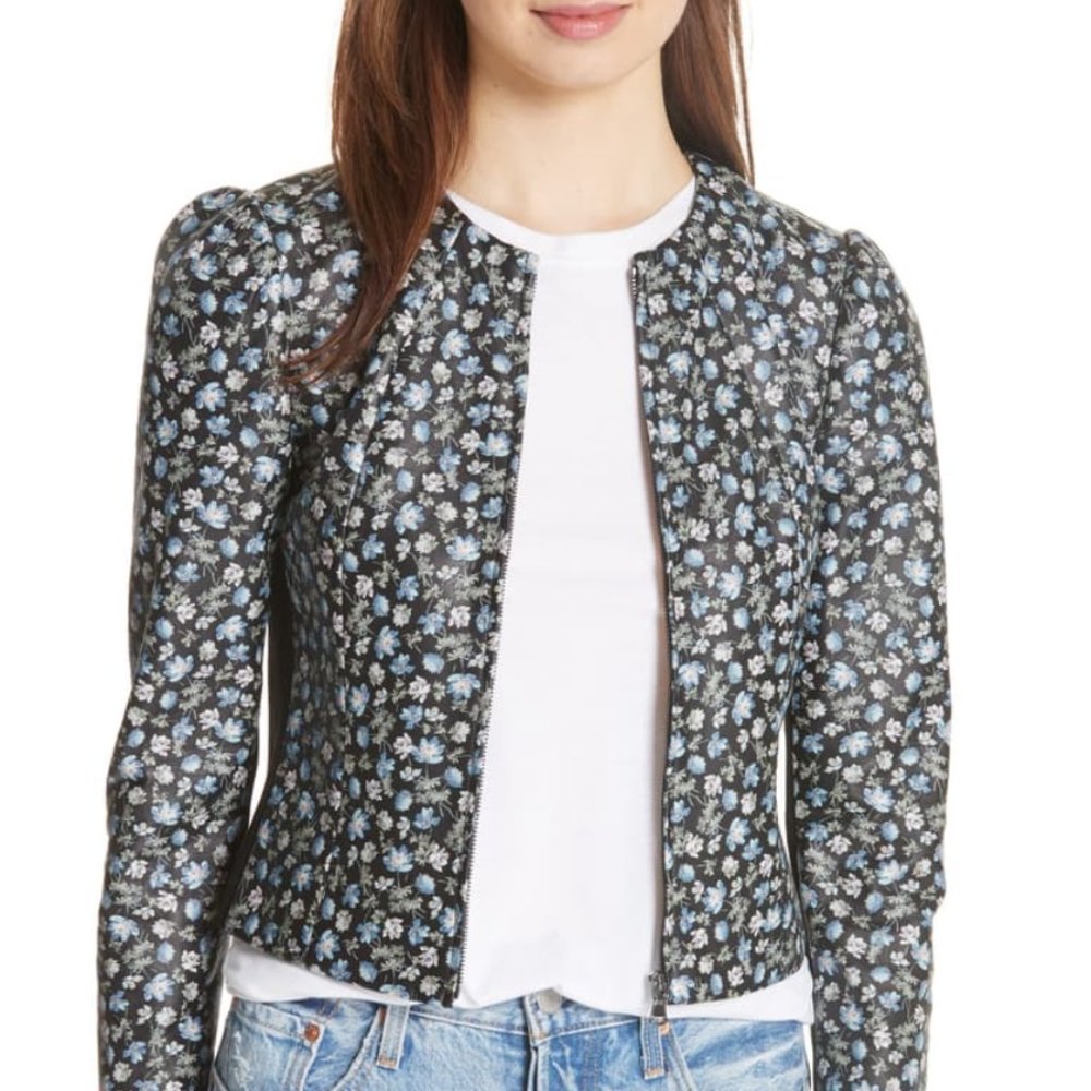 Zelma Black Pink Blue Floral Leather Jacket S/4
